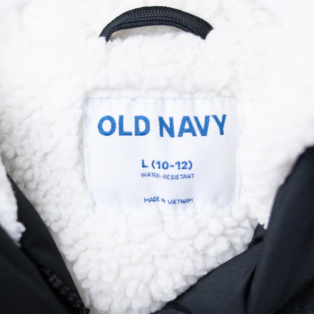 Old Navy Puffer Jacket Vail Cocoon Kids Size L 10-12 Black Sherpa Lined Hooded